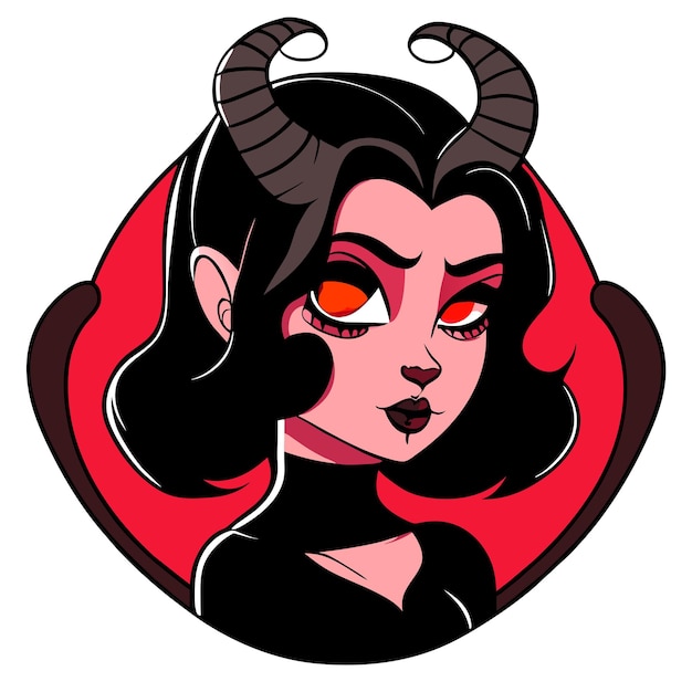 Vector beautiful witch with flowing hair and horn hand drawn flat stylish cartoon sticker icon concept