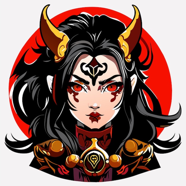 Beautiful witch with flowing hair and horn hand drawn flat stylish cartoon sticker icon concept