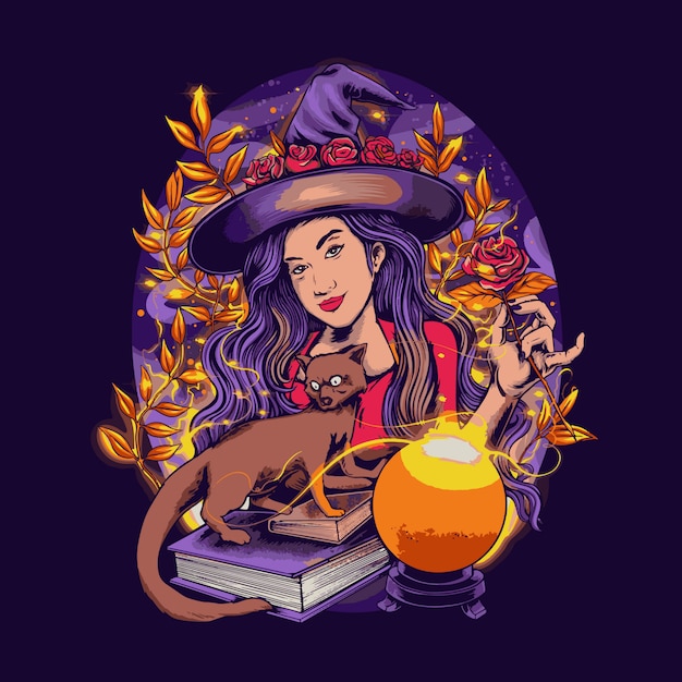 Vector beautiful witch with a fox