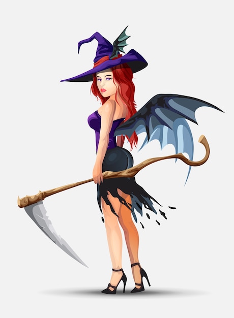 A beautiful witch with red hair stands.