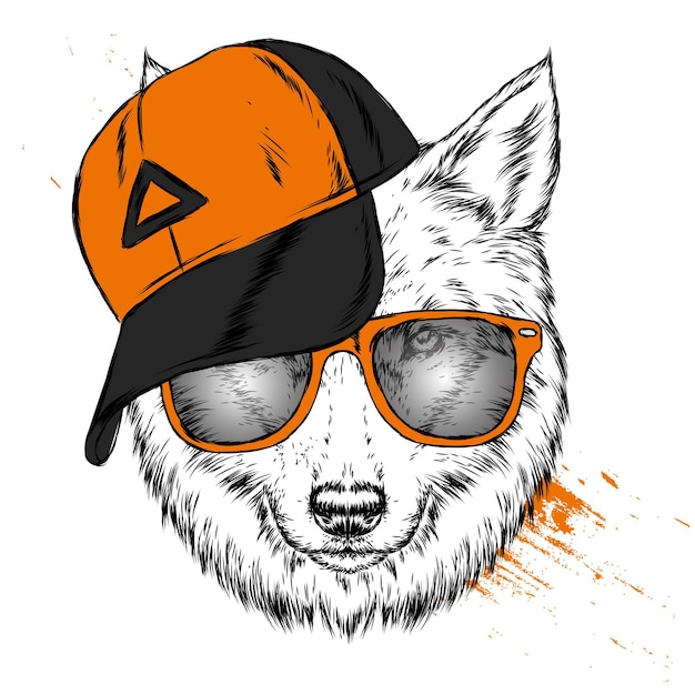 Beautiful wolf in a cap and glasses