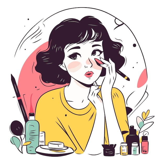 Vector beautiful woman applying makeup hand drawn vector illustration