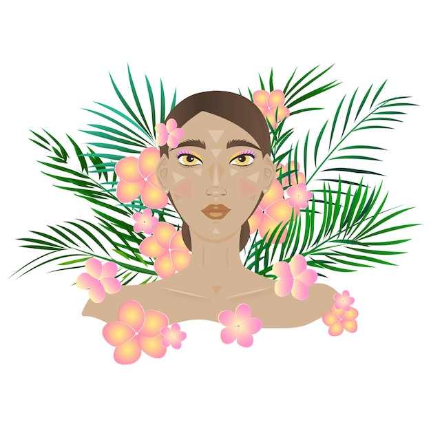 Beautiful woman on a background of tropical leaves and flowers vector illustration