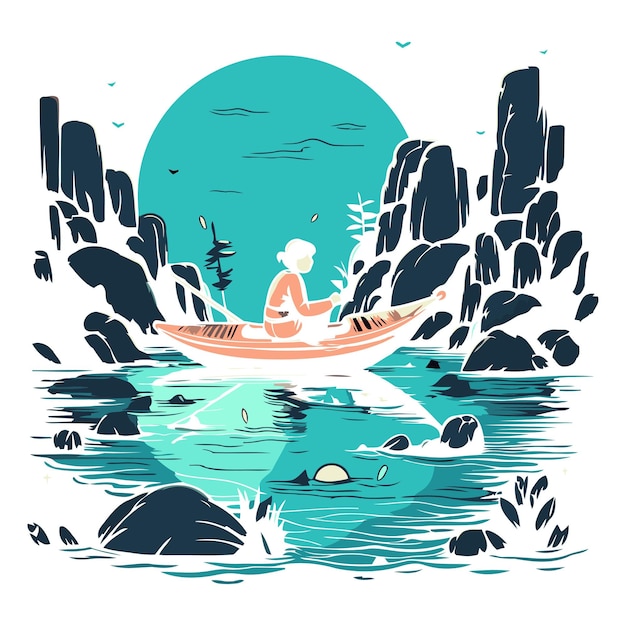 Vector beautiful woman in a boat on the sea