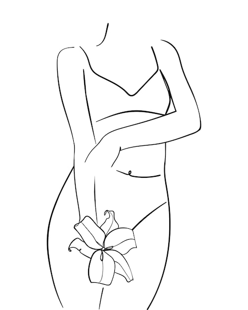 Beautiful woman body with lily flower, line Art. Concept of body care. - Vector illustration