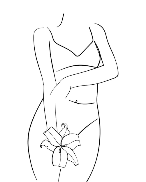 Beautiful woman body with lily flower, line art. concept of body care. - vector illustration