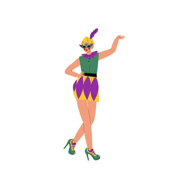 Beautiful Woman in Bright Traditional Mardi Gras Costume and Mask Celebrating Carnival Party Vector Illustration on White Background