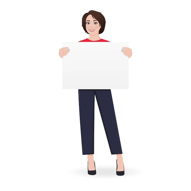 Beautiful woman character holding empty paper sheet vector illustration