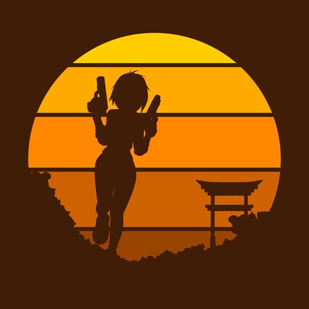 Vector beautiful woman character holding gun on sunset.