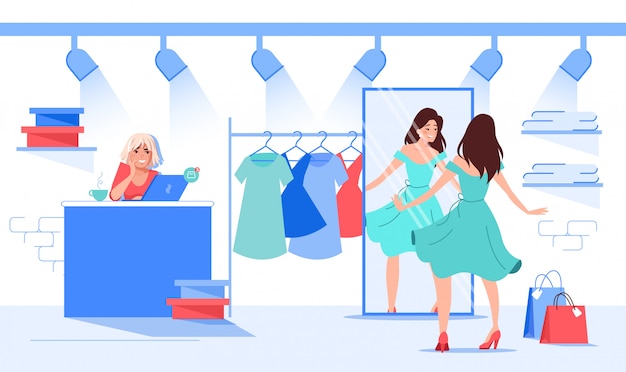 beautiful woman choosing dress at fashion boutique