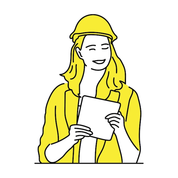 Vector beautiful woman civil engineer closeup portrait on field site line art