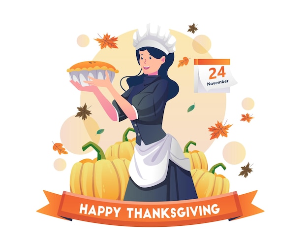 beautiful woman cook serving pumpkin pie for the Thanksgiving holiday party or dinner illustration