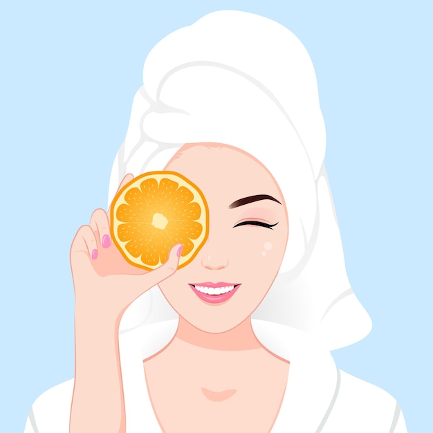 Vector a beautiful woman covers her eyes with orange and smiles while looking at camera, skincare makeup