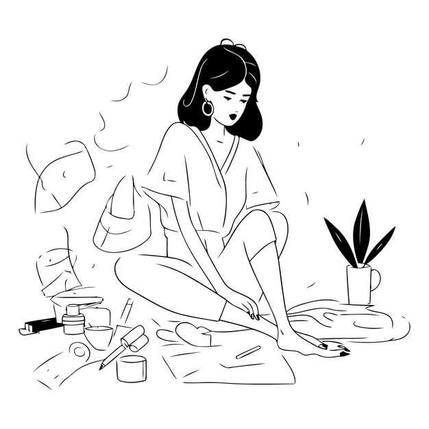 Vector beautiful woman doing manicure at home hand drawn vector illustration