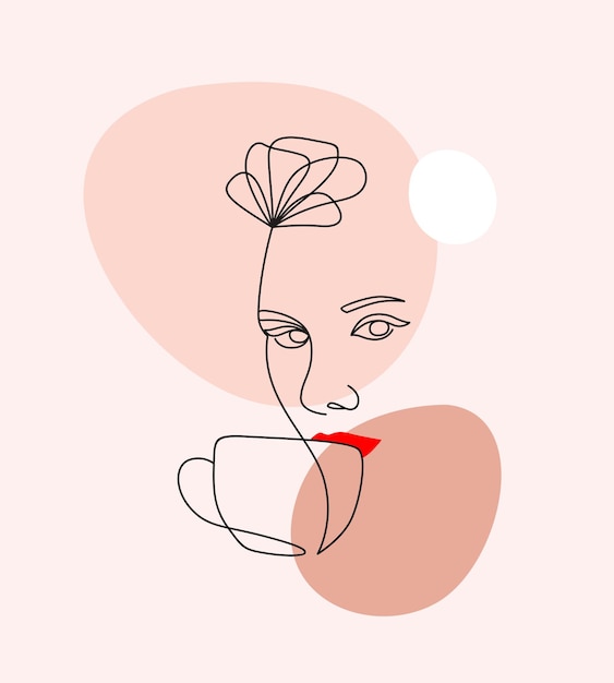 Bella donna che beve caffè in stile art linea