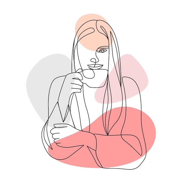 Beautiful woman drinking coffee in line art style