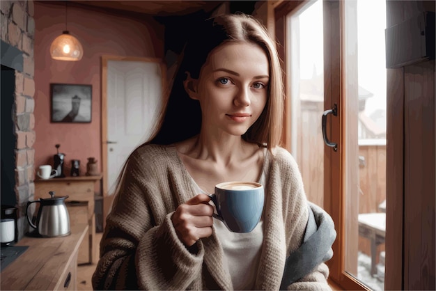 Vettore bella donna che beve caffè bella donna che beve caffè giovane donna con una tazza di caffè caldo