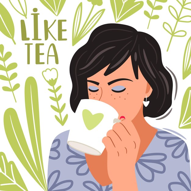 美しい女性がカップからお茶を飲んでいます