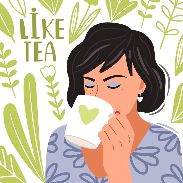 Vector beautiful woman drinking tea from a mug