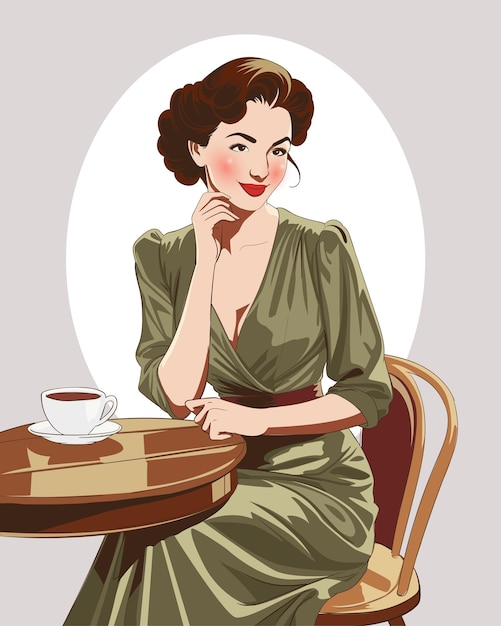 아름다운 여성이 커피를 마시는  ⁇ 터 일러스트레이션 빈티지 만화 팝 아트 스타일