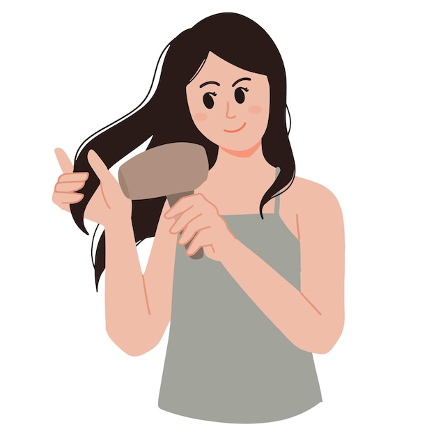 Beautiful woman drying her hair using hair dryer get ready wet hair illustration