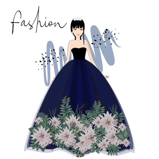 Vector a beautiful woman in elegance gown with floral style fashion illustration