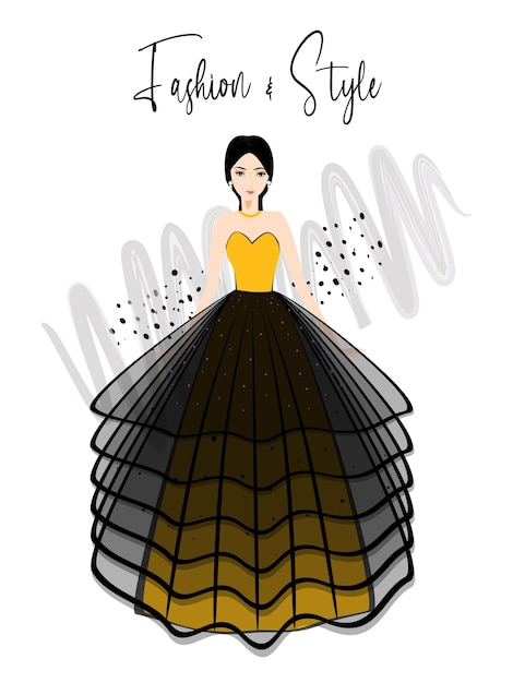 A beautiful woman on elegance yellow and black dress fashion illustration