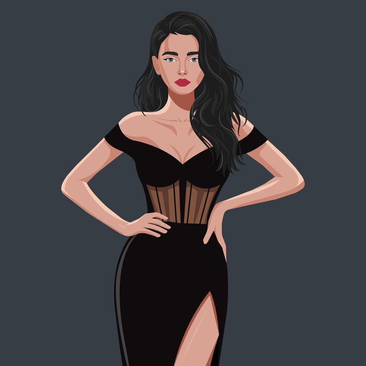 Vector a beautiful woman in an elegant tightfitting dress with bare shoulders and a slit on the leg vector