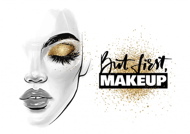 Vector beautiful woman face. girl portrait with black lashes, brows and phrase but first, makeup