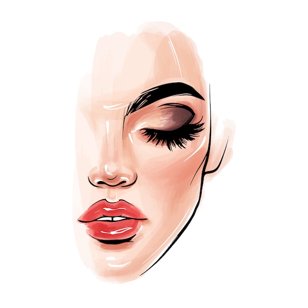 Vector beautiful woman face. girl portrait with long black lashes, brows