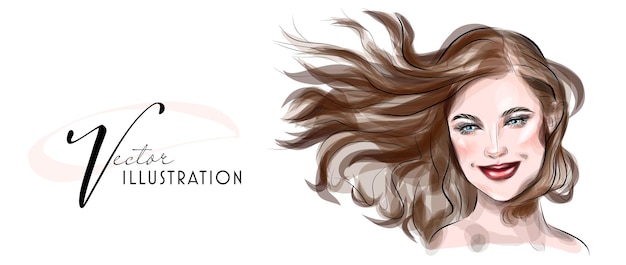 beautiful woman face girl with beautiful hair hand drawn vector illustration sketch