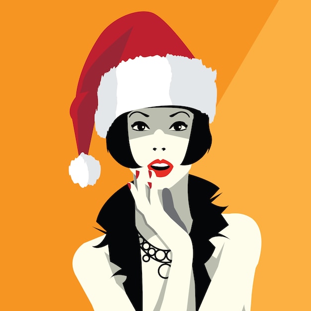 Beautiful woman face in the hat of Santa Claus.