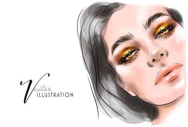 Beautiful woman face makeup drawing sketch Fashion illustration on white background