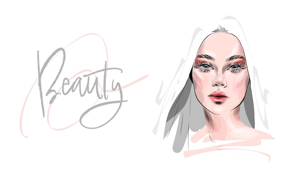 Beautiful woman face makeup vector fashion illustration. Hand drawn line art sketch for cosmetic