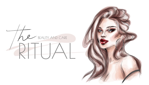 Beautiful woman face makeup vector fashion illustration. Hand drawn line art sketch