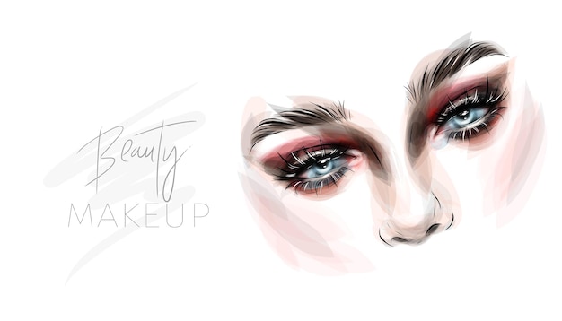 Beautiful woman face makeup vector fashion illustration. Hand drawn line art sketch