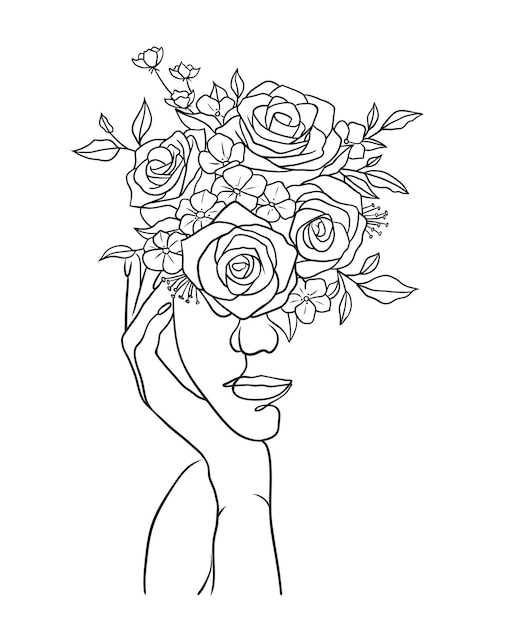 Vector beautiful woman face with flowers black and white illustration on white background