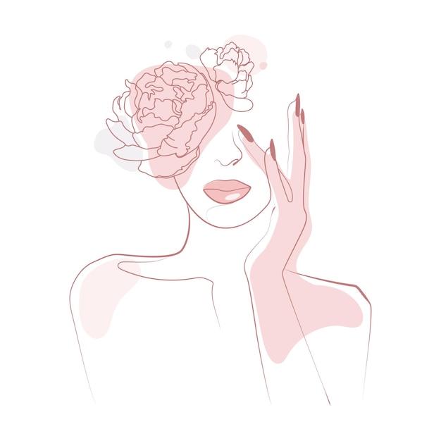 Vector beautiful woman face with hand and peonies flowers in modern line art minimalist stylevector