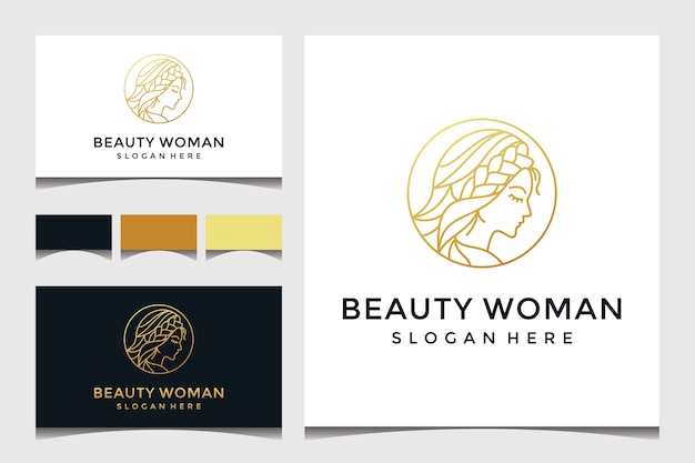 Vector beautiful woman face with line art and gold style logo