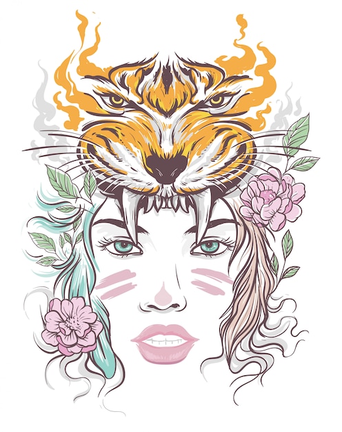 Vector beautiful woman face with tiger head