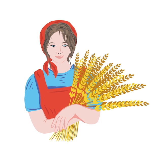 Beautiful woman farmer holding a wheat. Wheat ears hand drawn. Set isolated vector illustration.