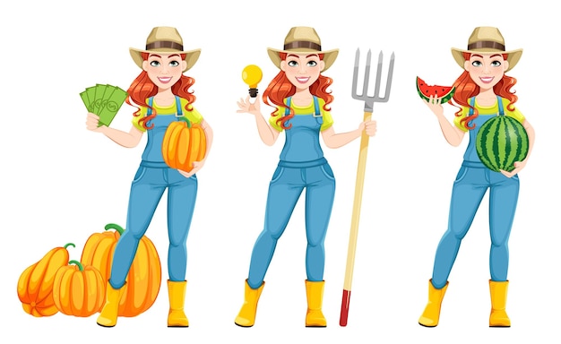 Vector beautiful woman farmer, set of three poses. cute girl farmer cartoon character