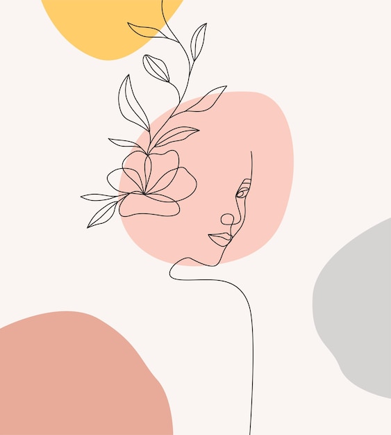 Vector beautiful woman and flowers in minimal art style