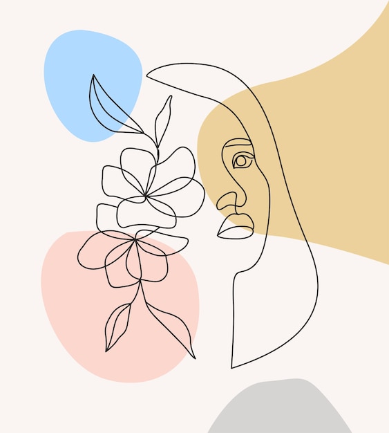 Vector beautiful woman and flowers in minimal art style