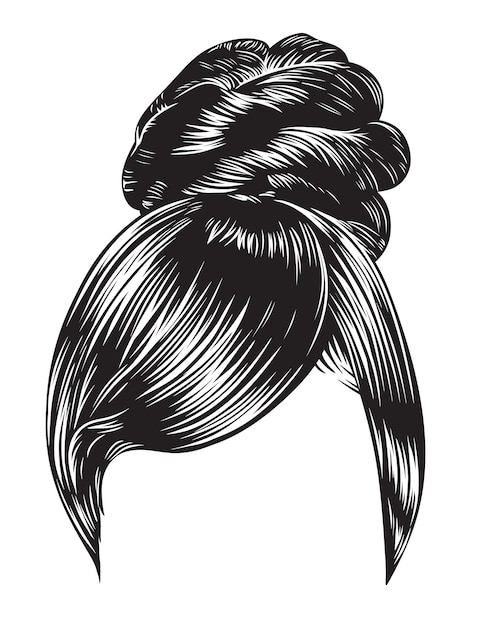 Beautiful woman hair bun black and white vector illustration