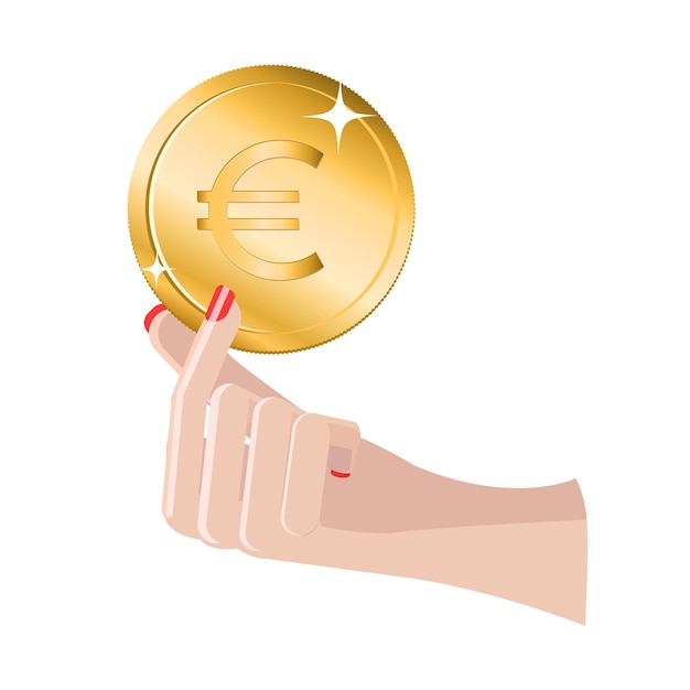 Красивая женщина держит в руках монету евро на белом фоне векторная иллюстрация