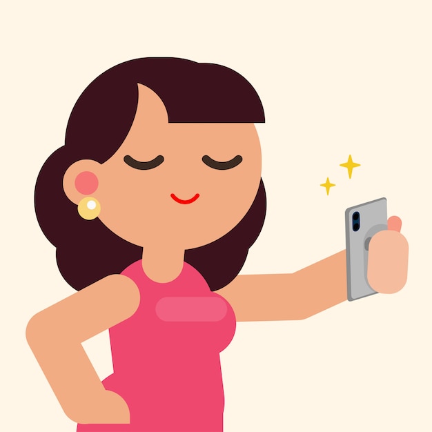 Vector beautiful woman happy smiling taking selfie with smartphone, vector flat illustration.