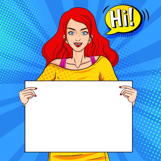 Beautiful woman hold white board pop art