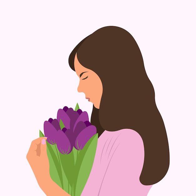 Beautiful woman holding a bouquet of spring flowers.Vector illustration in pastel colors.March 8.