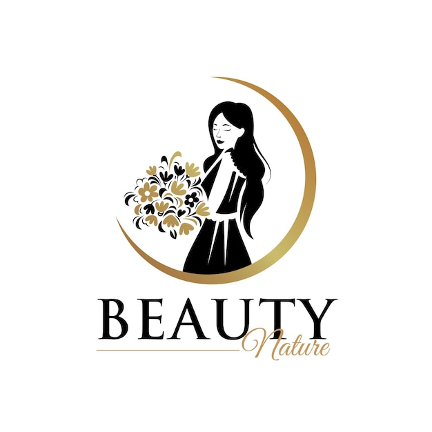 beautiful woman holding flowers logo design template